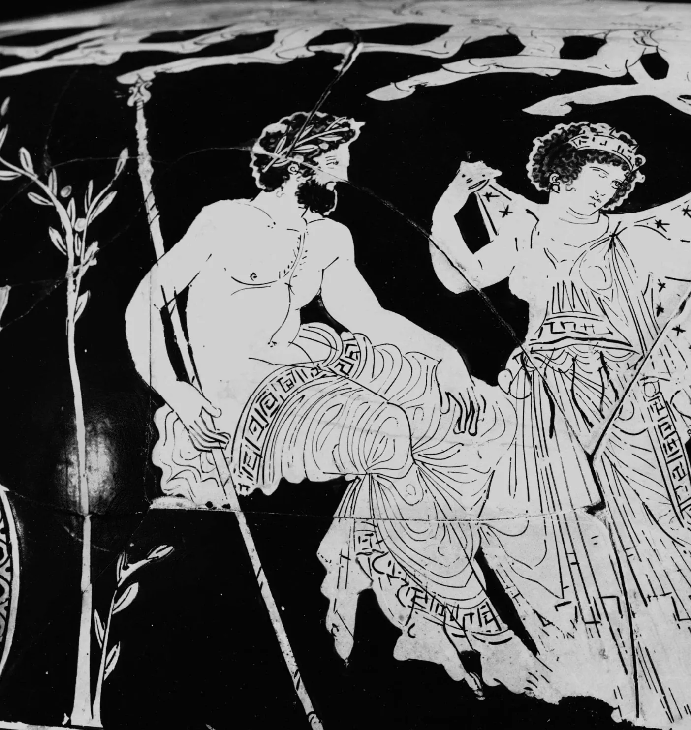 <b>Fig 4.</b> The Meidias hydria. Detail showing Zeus seated near other deities below the quadriga carrying Polydeukes and Hilaeira.