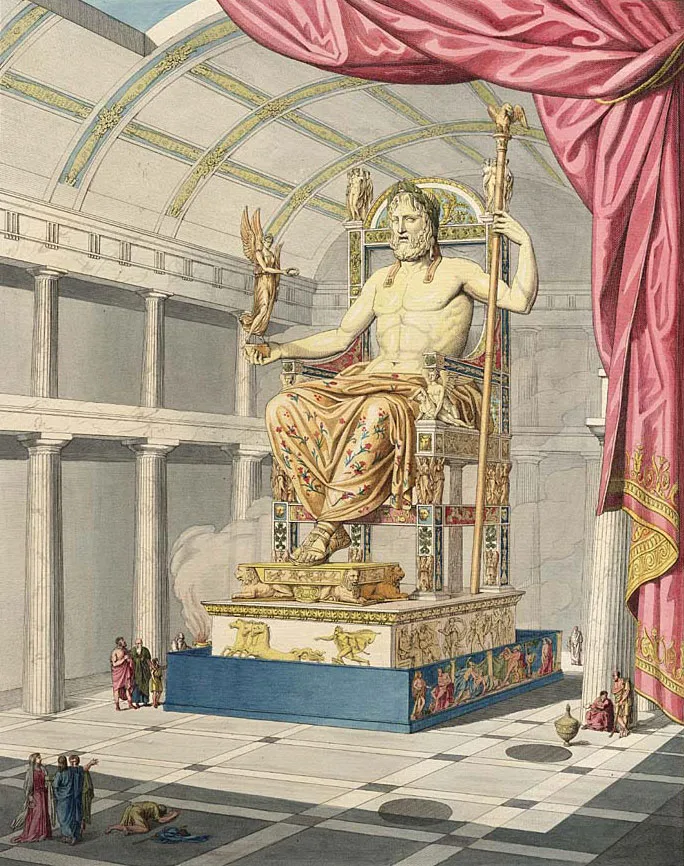 <b>Fig 10.</b> Detail from an 1815 reproduction by Quatremère de Quincy of Phidias’s chryselephantine statue of Zeus in his temple at Olympia, sculpted ca. 435 BCE.