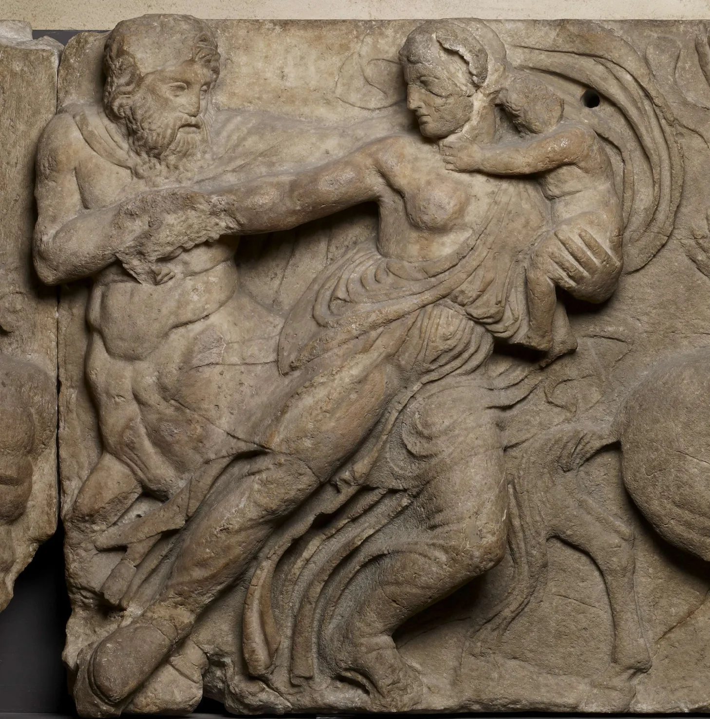 <b>Fig 5.</b> Detail from slab (cat. no. 522) of the Centauromachy frieze from the Temple of Apollo Epikourios, Bassae, ca. 420–400 BCE. London, The British Museum.