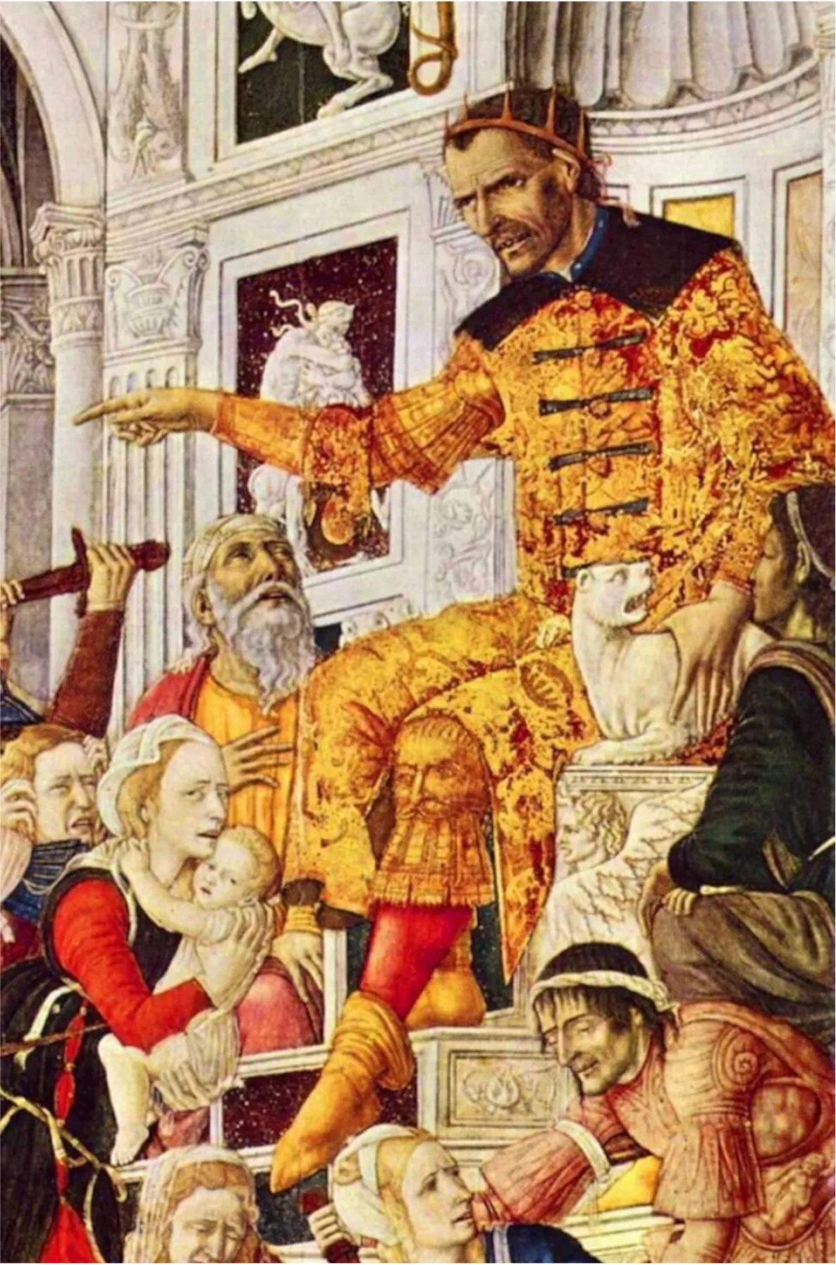 <b>Fig 9.</b> Matteo di Giovanni, <em>Massacre of the Innocents</em>. Detail showing Herod alongside an animal that his disposition and garb might evoke—the fire ant.