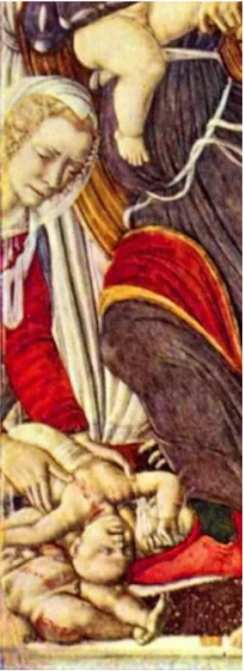 <b>Fig 11.</b> An unnatural bend. At left: Detail from Matteo di Giovanni, <em>Massacre of the Innocents</em>. At right: Detail from slab (cat. no. 541) of the Amazonomachy frieze from the Temple of Apollo Epikourios, Bassae, ca. 420–400 BCE. London, The British Museum.