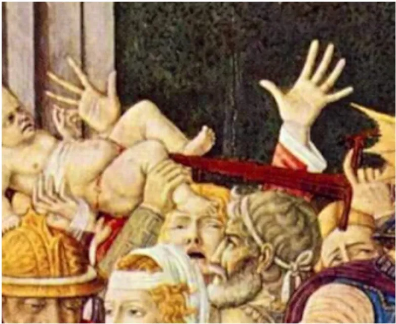 <b>Fig 12.</b> Anguished, outstretched hands. Left: Detail from Matteo di Giovanni, <em>Massacre of the Innocents</em>. Right: Detail from slab (cat. no. 524) of the Centauromachy frieze from the Temple of Apollo Epikourios, Bassae, ca. 420–400 BCE. London, The British Museum.