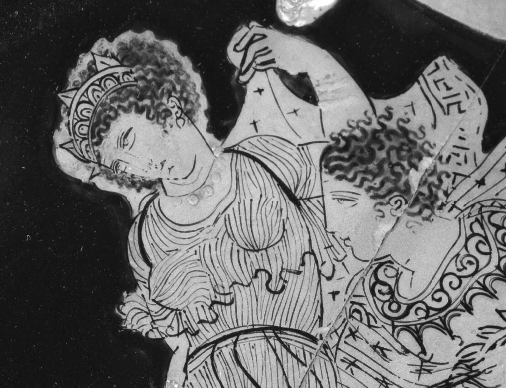 <b>Fig 2.</b> The Meidias hydria. Details showing the abduction of Hilaeira, another of the daughters of Leukippos, by Polydeukes.