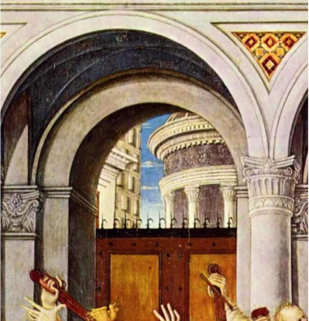 <b>Fig 13.</b> Detail from Matteo di Giovanni, <em>Massacre of the Innocents</em>, offering a glimpse into the blue-skied world outside Herod’s slaughterhouse.