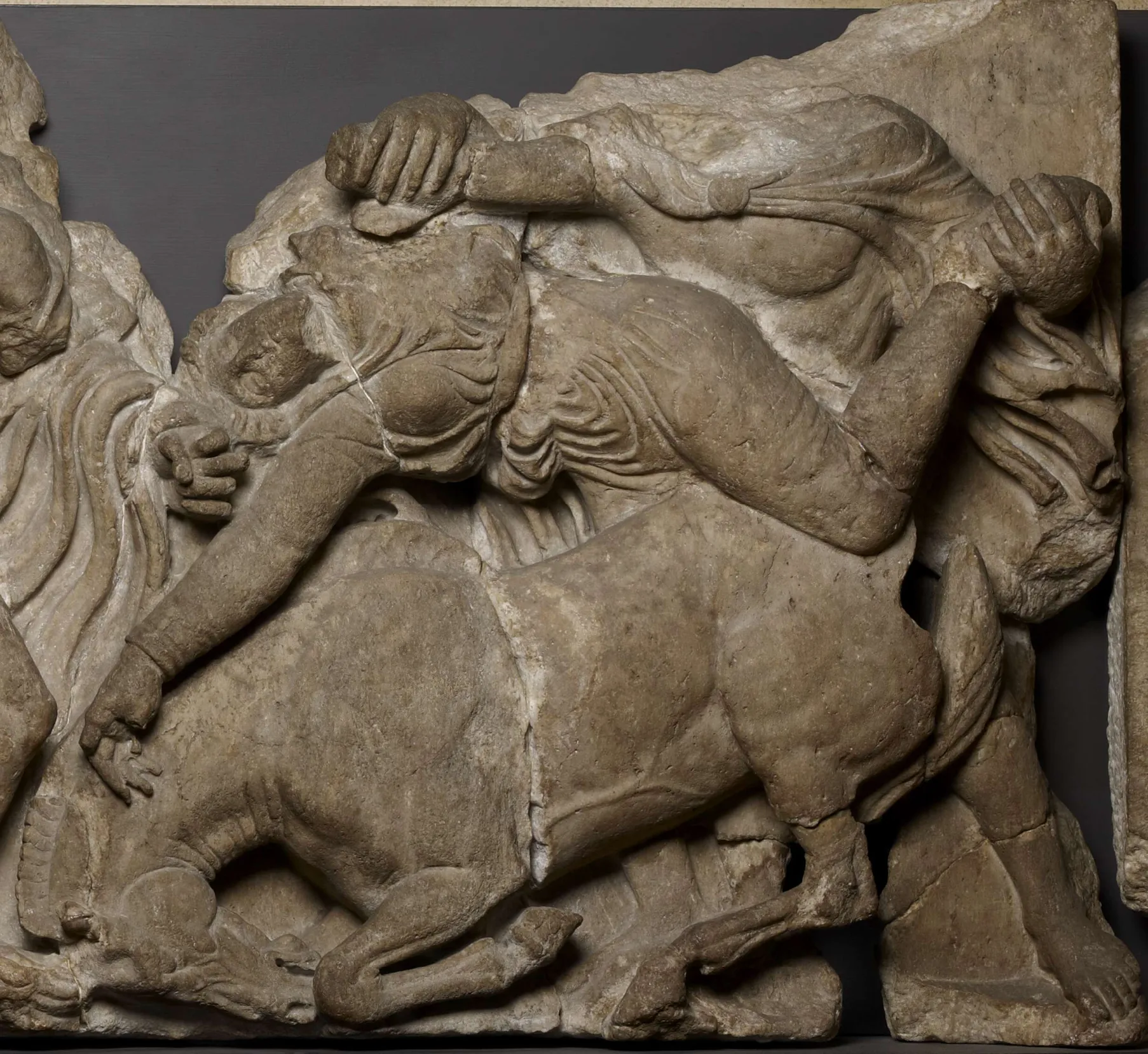 <b>Fig 11.</b> An unnatural bend. At left: Detail from Matteo di Giovanni, <em>Massacre of the Innocents</em>. At right: Detail from slab (cat. no. 541) of the Amazonomachy frieze from the Temple of Apollo Epikourios, Bassae, ca. 420–400 BCE. London, The British Museum.
