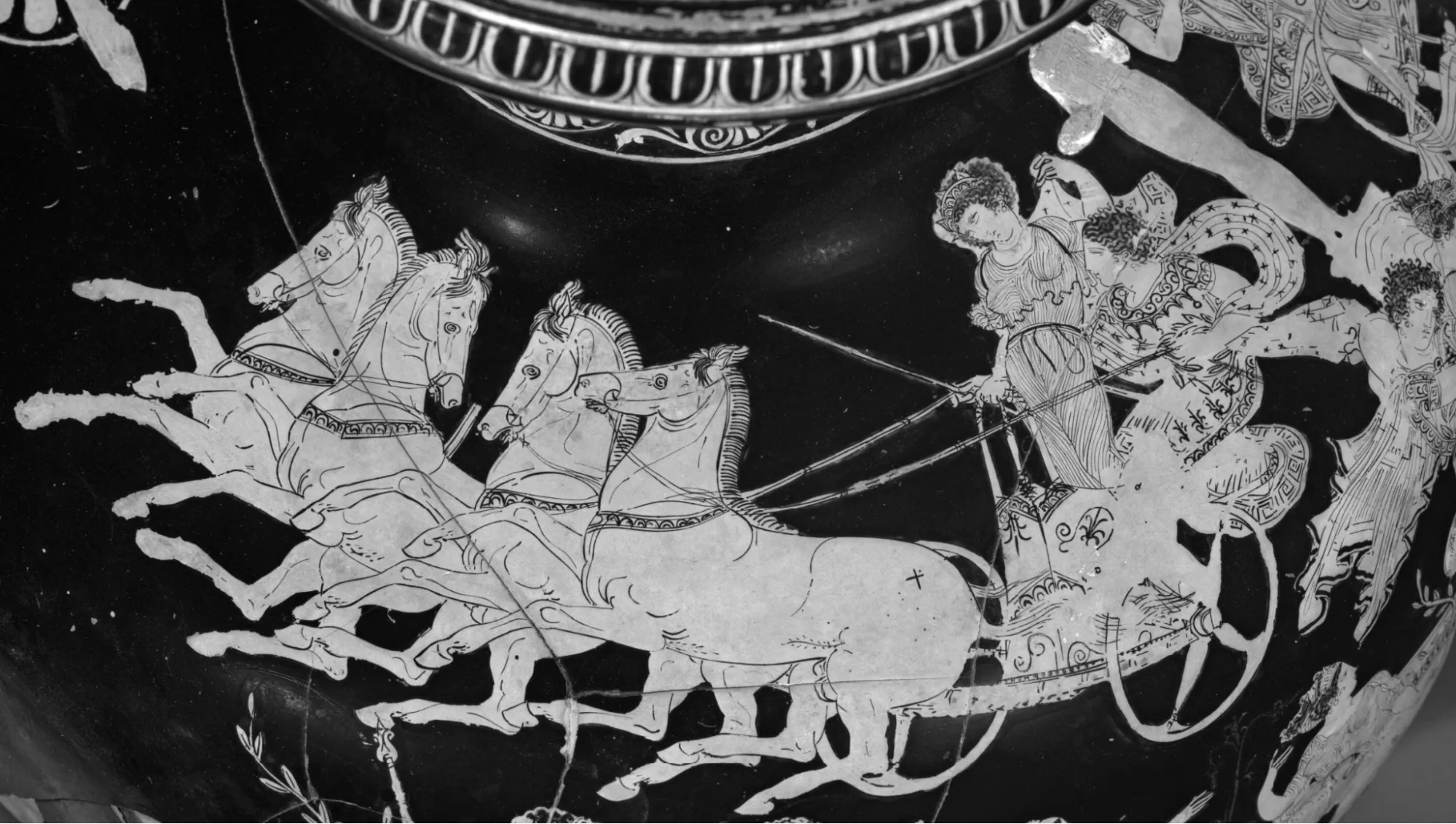 <b>Fig 2.</b> The Meidias hydria. Details showing the abduction of Hilaeira, another of the daughters of Leukippos, by Polydeukes.