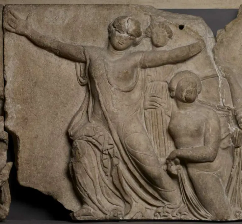 <b>Fig 12.</b> Anguished, outstretched hands. Left: Detail from Matteo di Giovanni, <em>Massacre of the Innocents</em>. Right: Detail from slab (cat. no. 524) of the Centauromachy frieze from the Temple of Apollo Epikourios, Bassae, ca. 420–400 BCE. London, The British Museum.